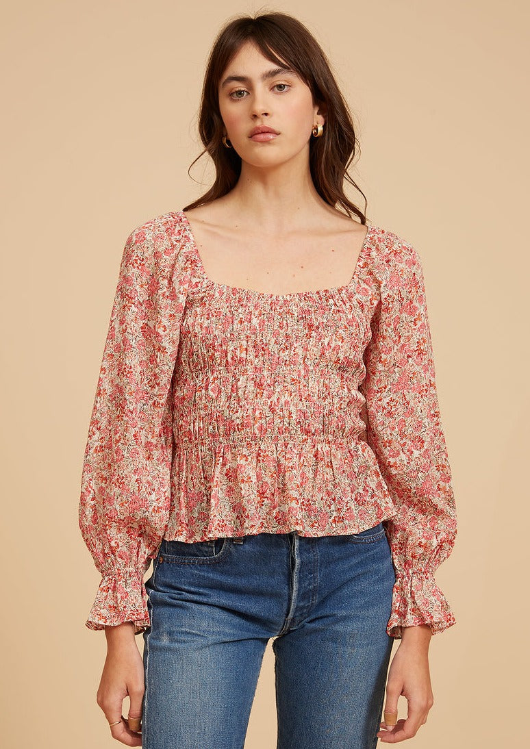 women long sleeve floral smock blouse