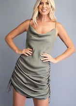 Load image into Gallery viewer, ruched cowl neck satiny dress
