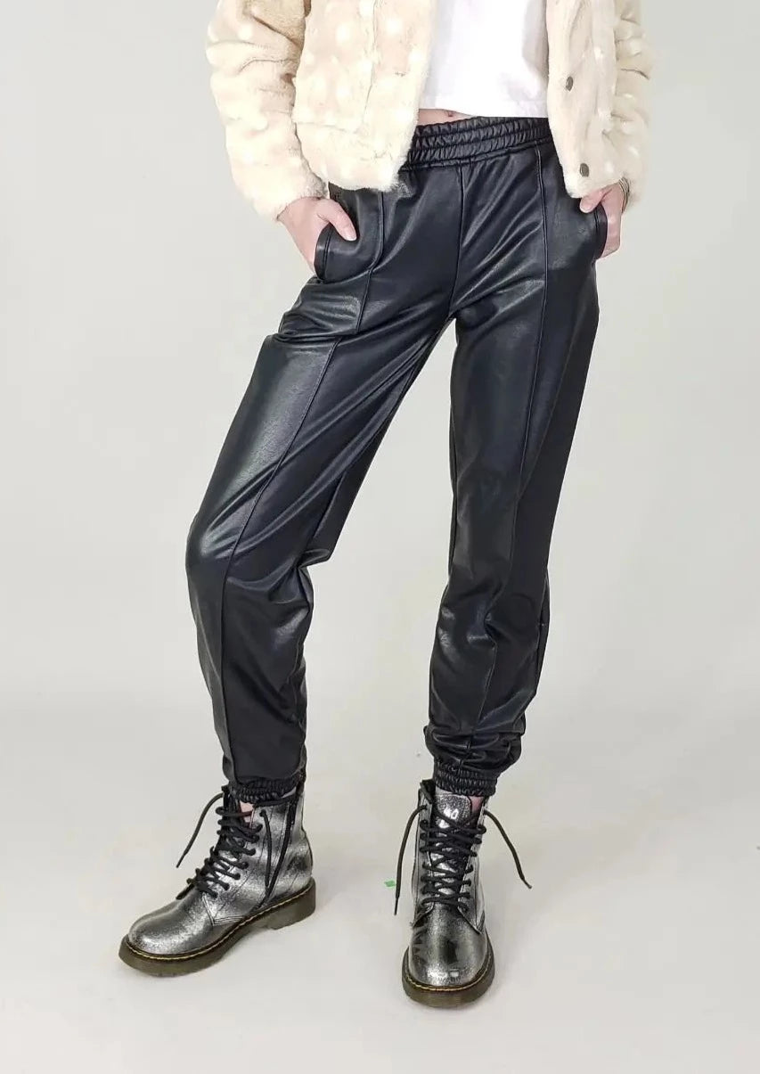 girls faux leather seamed jogger