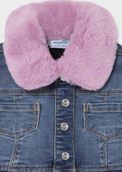 girls pink fur collar denim jacket