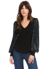 Load image into Gallery viewer, navy sequin sleeve knit top
