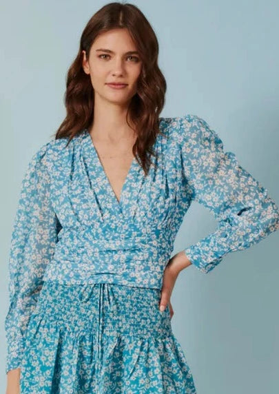 long sleeve pleat waist floral blouse