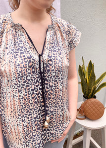 ruffle tie neck leopard blouse
