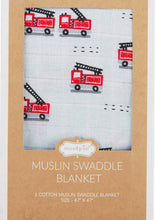 Load image into Gallery viewer, fire truck swaddle blanket
