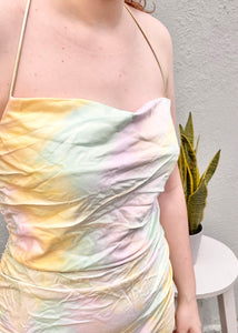 x back pastel tie dye ruched dress