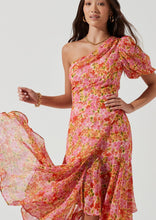 Load image into Gallery viewer, one shoulder pink floral midi dress
