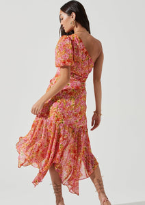 one shoulder pink floral midi dress