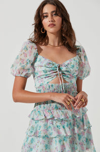 cutout floral puff sleeve mini dress