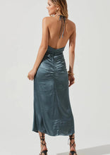 Load image into Gallery viewer, midi halter satin dress

