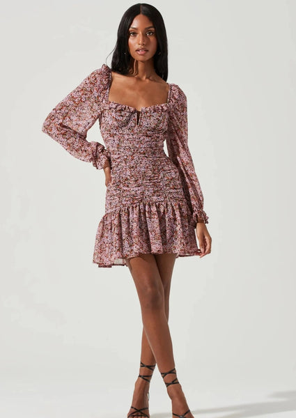 women long sleeve floral print shirred dress