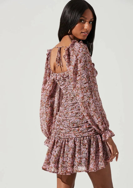 long sleeve floral print shirred dress