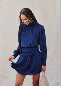 satin smock waist long sleeve dress