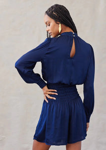 satin smock waist long sleeve dress
