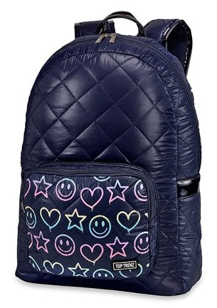 girls puffer drip heart smiley backpack