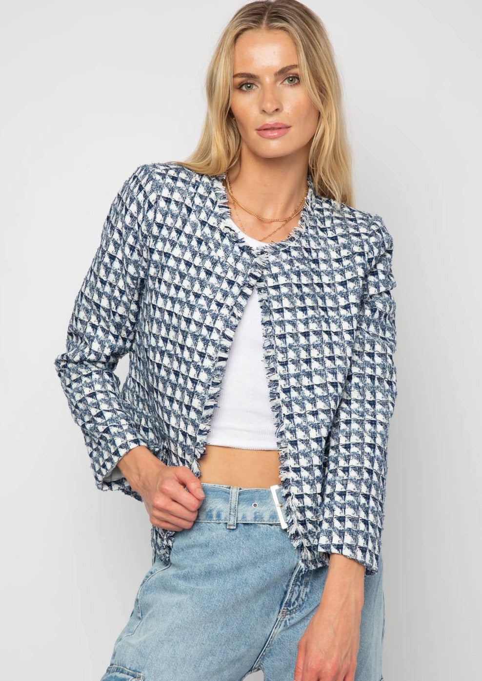 double breasted tweed blazer
