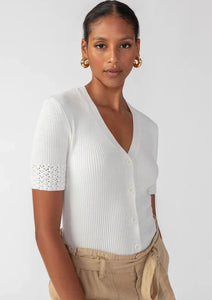 women's white button short sleeve knit cardi top