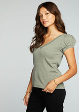 Load image into Gallery viewer, womens rib v-neck puff sleeve tee
