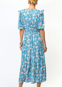 multi floral short sleeve midi dress