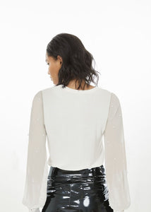 pearl trim combo sleeve jersey top