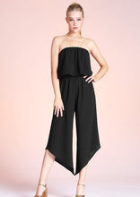 Load image into Gallery viewer, womens black curved hem ruffle strapless jumpsuit
