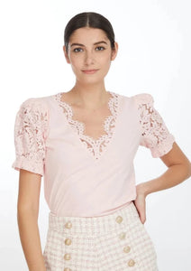 women v-neck jersey lace tee