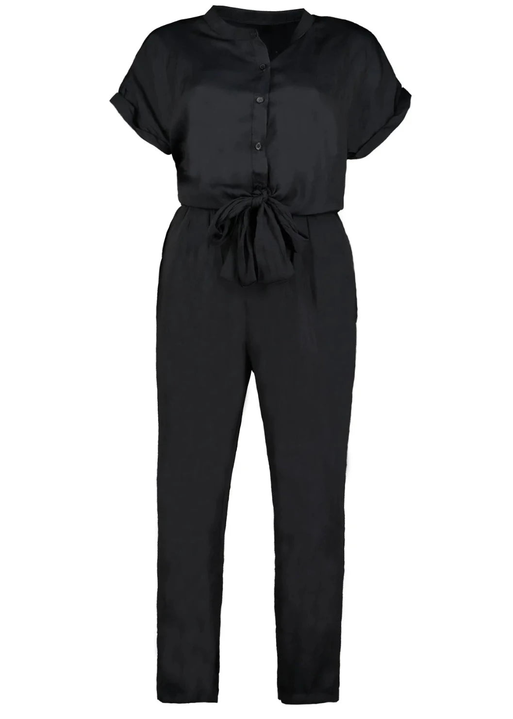women black button tie waist jumpsuit