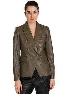 women gold button faux leather blazer