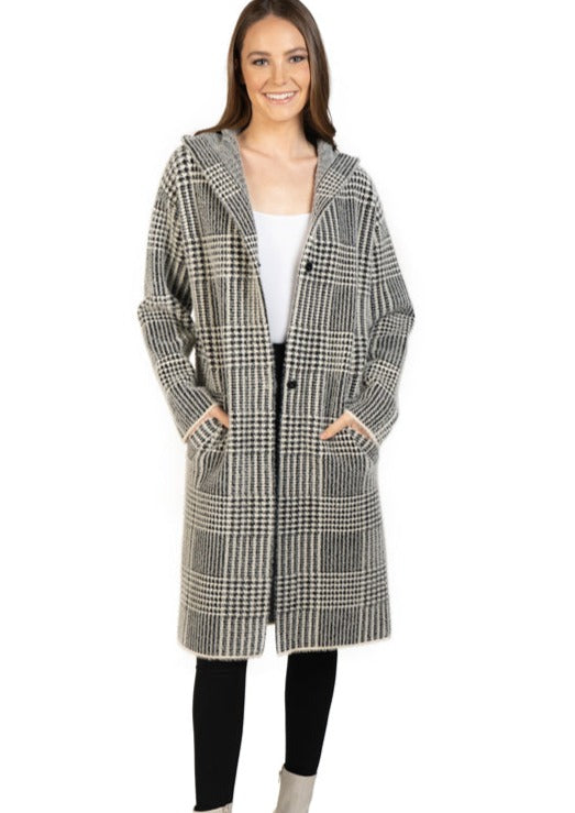 women houndstooth hooded cardigan