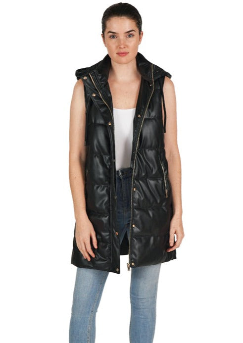 women black faux leather hooded vest