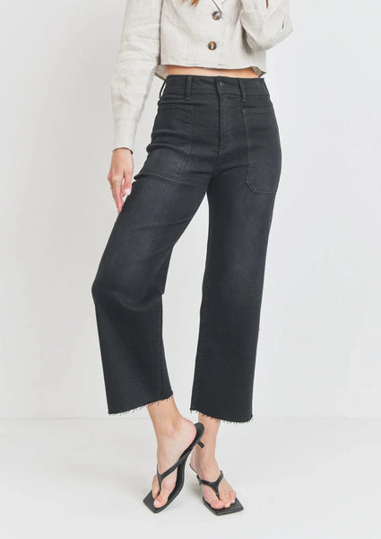 women black hirise utility wide leg cargo pant