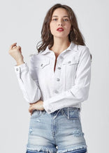 Load image into Gallery viewer, women white distressed denim jacket 
