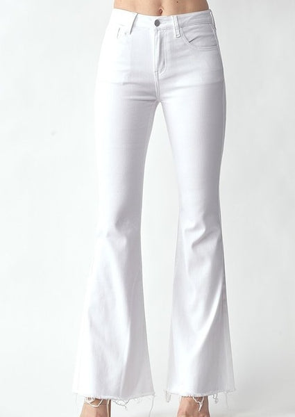 women midrise white kick flare jean