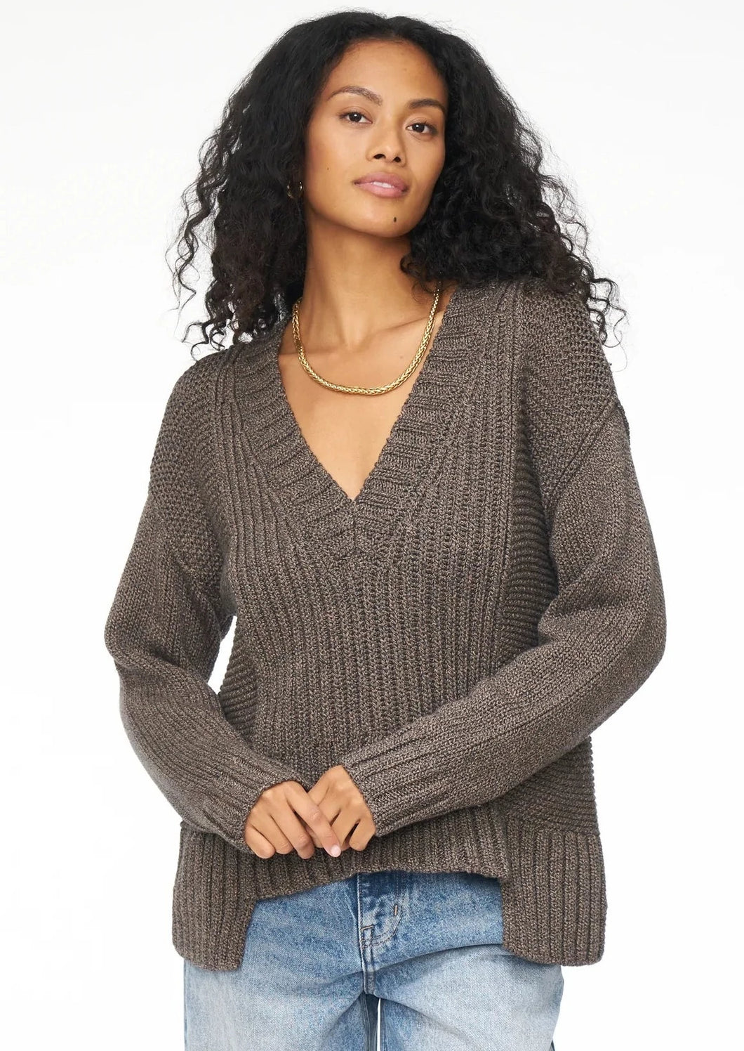 women seamed v neck marled sweater