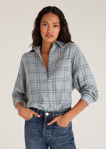 women grey plaid button blouse