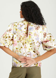 puff sleeve olive floral blouse