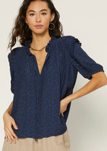Load image into Gallery viewer, women navy leo silky jacquard pintuck blouse
