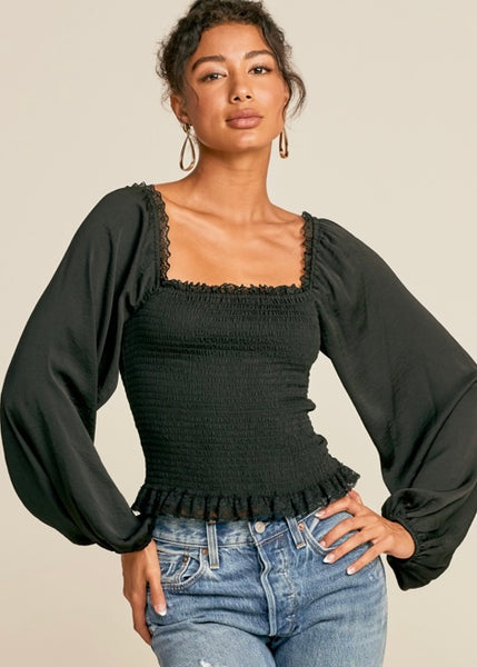 womens silky ruffle trim smock top