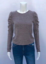 Load image into Gallery viewer, shirred sleeve crew neck heathered top
