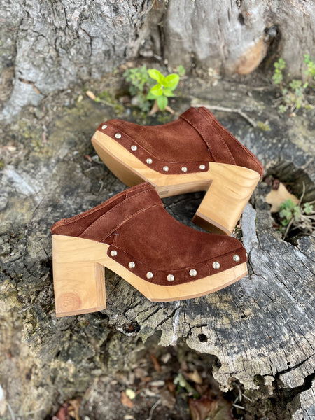 women's brown suede studded clog shoe