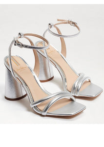 metallic strap block heel sandal
