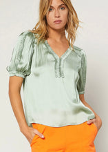 Load image into Gallery viewer, women lite green silky v-neck ruffle trim blouse

