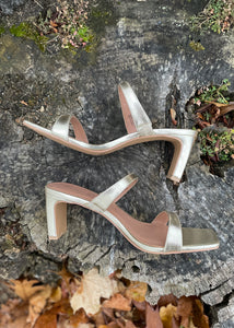 womens metallic strap block heel sandal