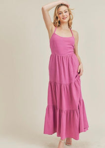 gauze laceup back maxi dress in pink