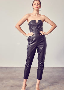 womens faux leather strapless jumpsuit