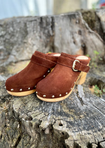 women's brown suede studded clog shoe