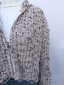 chenille zip distressed hoodie - speckle