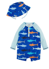 Load image into Gallery viewer, boys shark rashguard &amp; hat set
