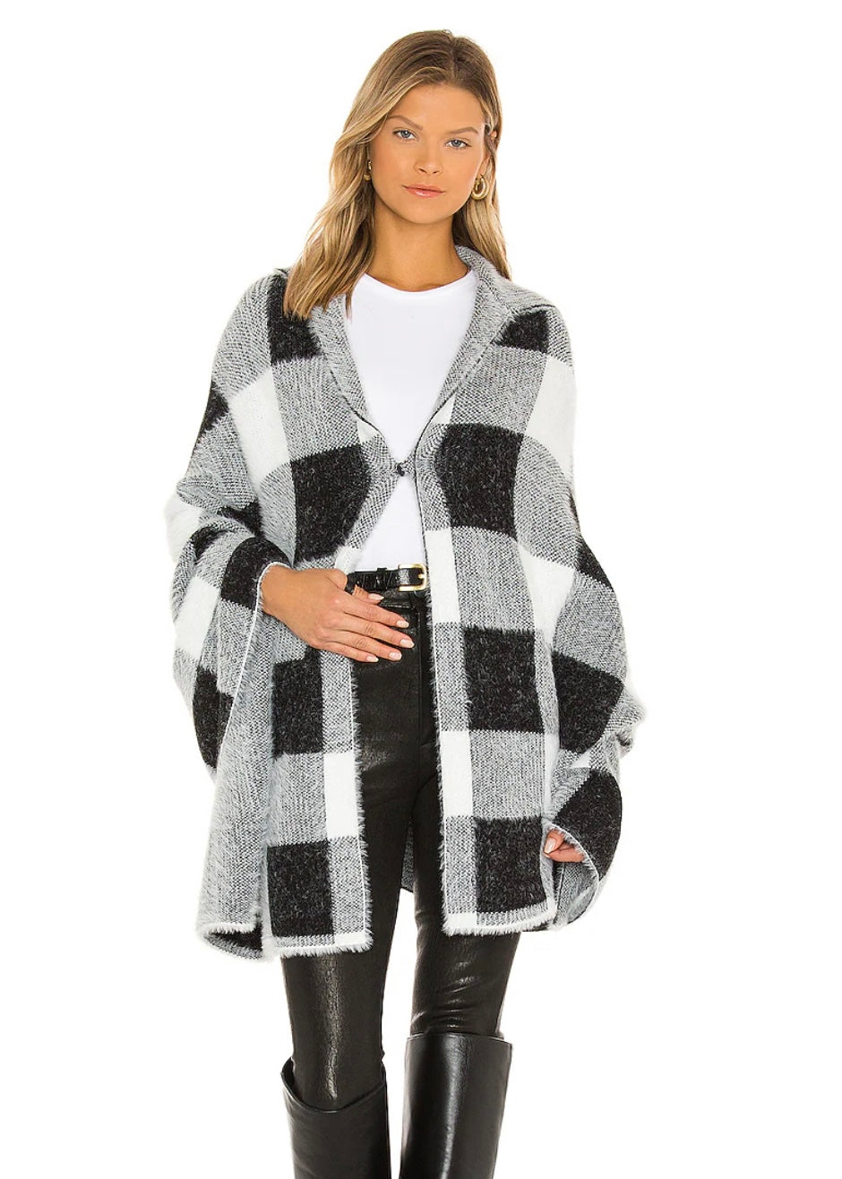 womens fuzzy hooded check poncho