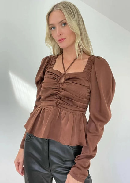 women brown satin ruched long sleeve blouse