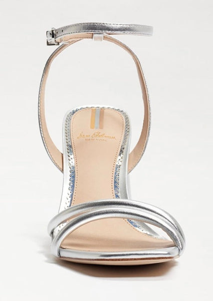 metallic strap block heel sandal